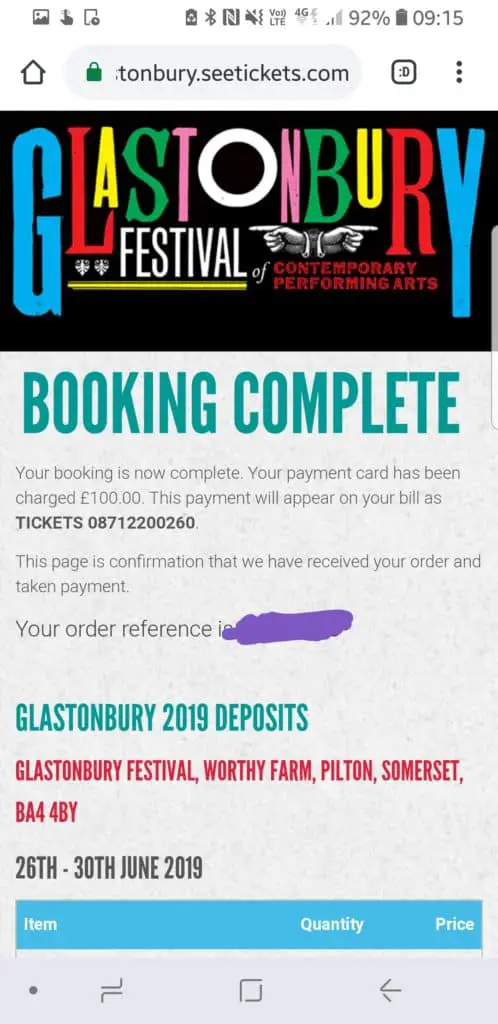Glastonbury Festival Ticket Confirmation 2019